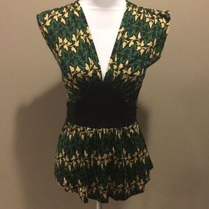 Diane Von Furstenberg Green & Black Floral Silk Jersey Sleeveless Tie Top Size P